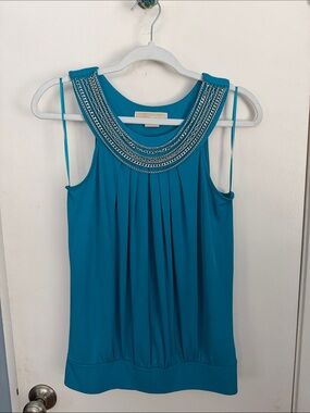 MICHAEL Michael Kors Teal Chain-Embellished Sleeveless Top - Sz M